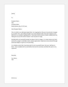 Resignation Letter due to Health Issues