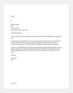 Resignation Letter for not being Valued or Appreciated