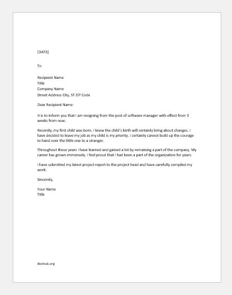 Resignation Letter For Family Reasons from www.doxhub.org