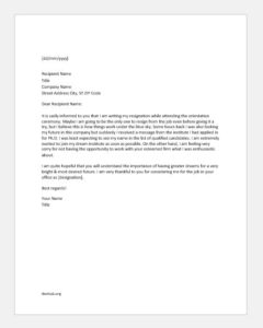 Resignation letter during orientation