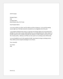 Resignation letter during training period