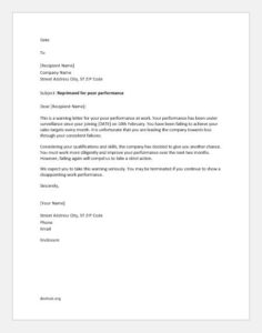 Warning letter to employee for poor performance