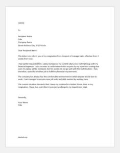Resignation Letter to Take another Job due to Low Income