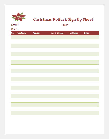 Christmas potluck sign up sheet
