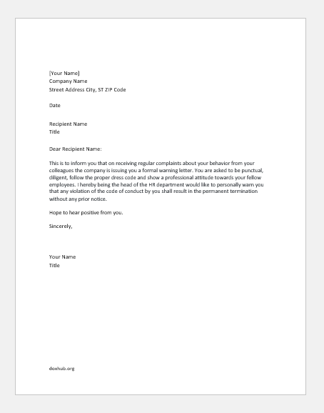 Employee unprofessional behavior warning letter