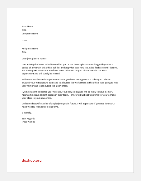 Farewell Letter to a Colleague SAMPLE Write Up | Document Hub