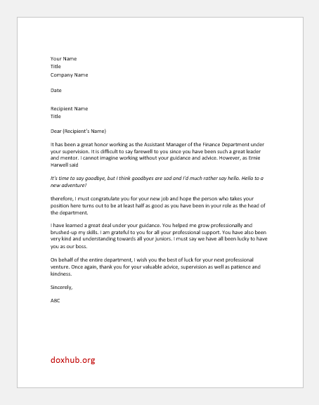 Sample Thank You Letter To Boss For Support from www.doxhub.org