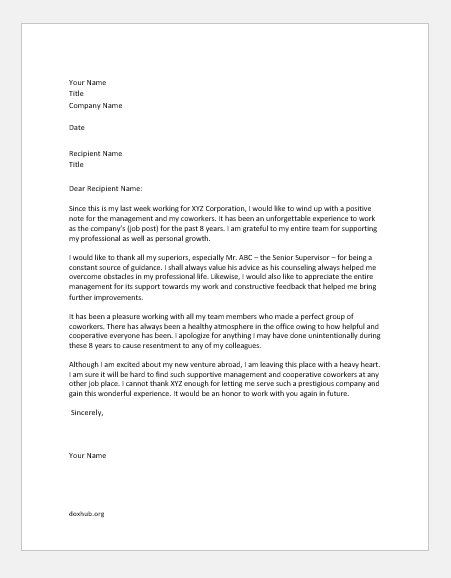 Letter to Client, Coworker, Management bidding Farewell