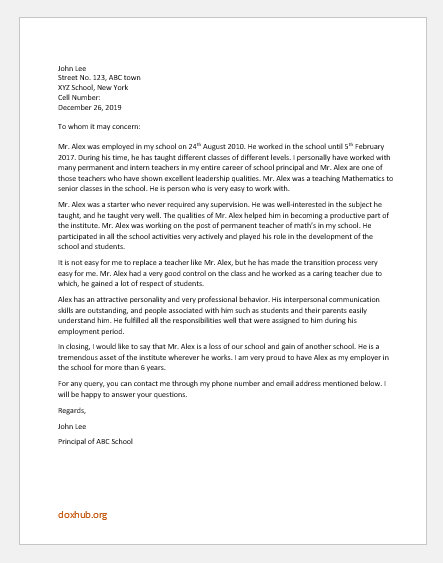 Reference Letter for an Employee Who is Leaving the School