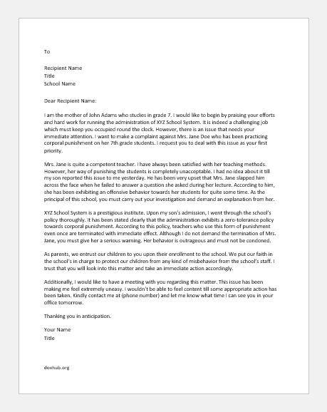 Complaint Letter to Principal against Corporal Punishment