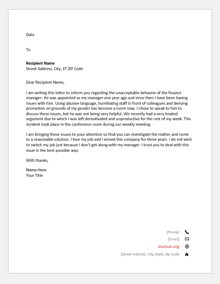 Complaint letter about manager's behavior