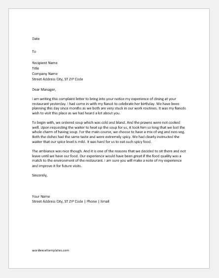 Complaint letter of poor quality of food