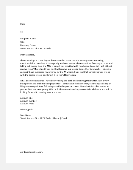 Complaint letter to bank manager for poor customer service
