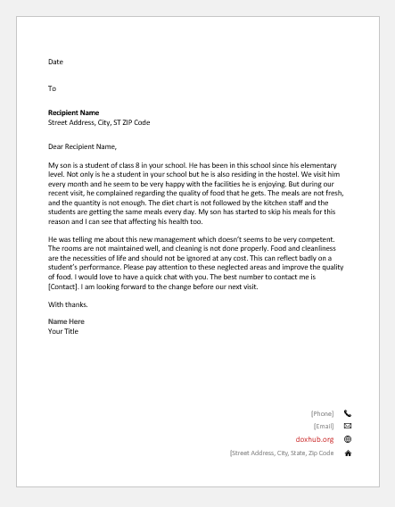Complaint letter to school about boarding facilities