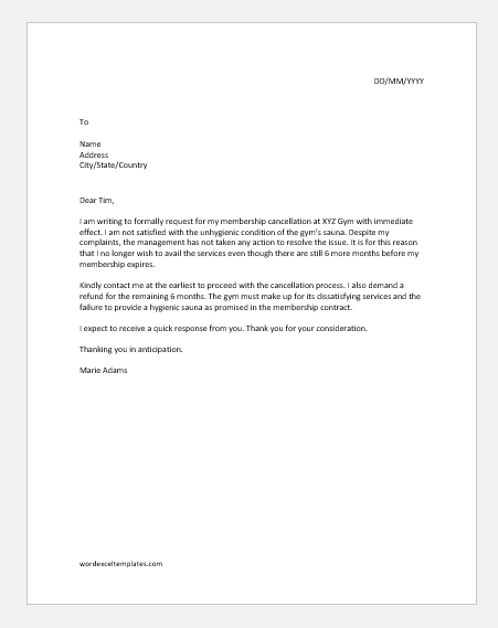 Gym Membership Cancellation Letter Template Free from www.doxhub.org