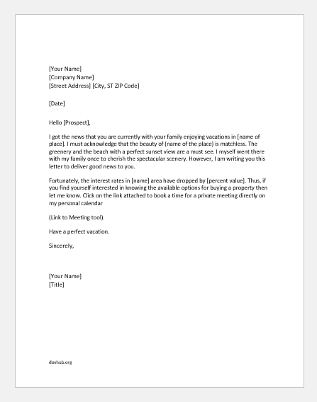 Real estate agent letter to a client to inform low interest rates