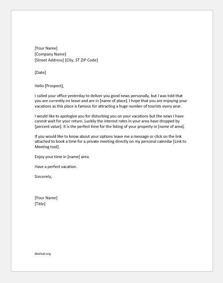 Real estate agent letter to a client to inform low interest rates