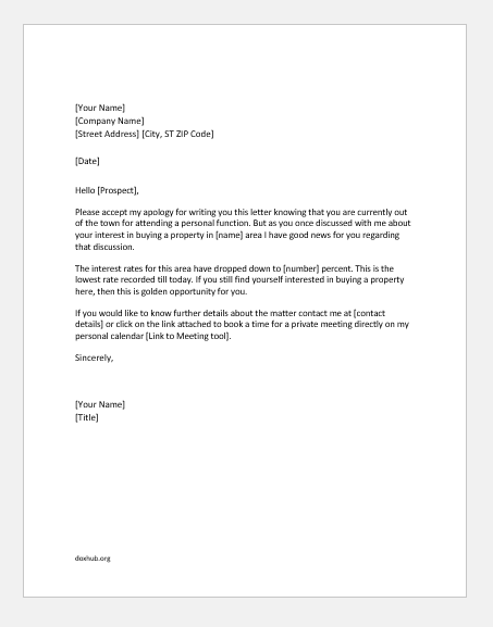 Real estate agent letter to a client to inform low interest rates