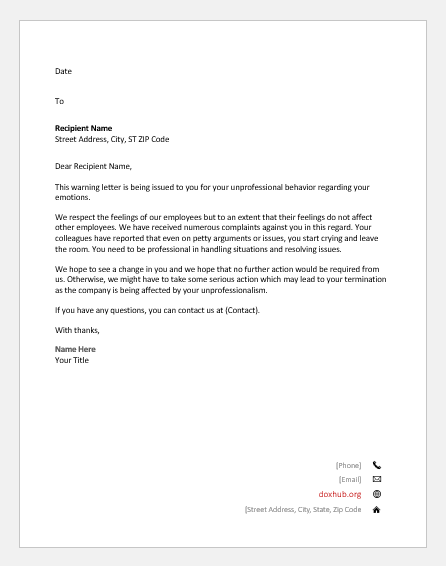 Warning Letter To Employee For Unacceptable Behaviour from www.doxhub.org