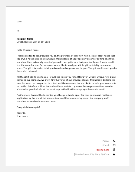 Letter by a realtor to client on his purchase and for feedback
