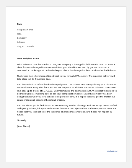 Debit Note Letter to Supplier SAMPLES | Document Hub