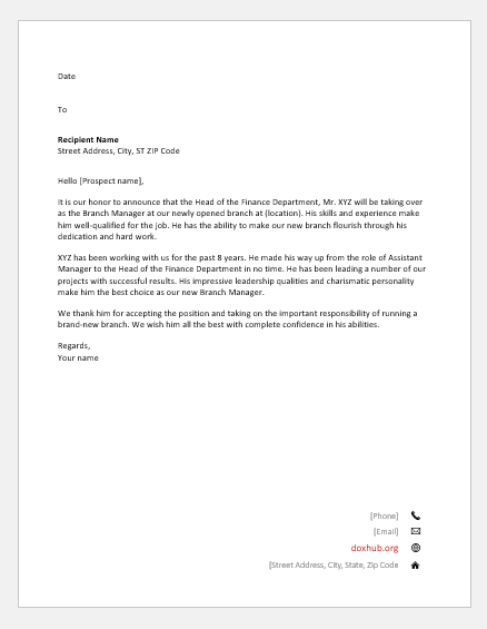 Letter to Announce an Employee for a Position