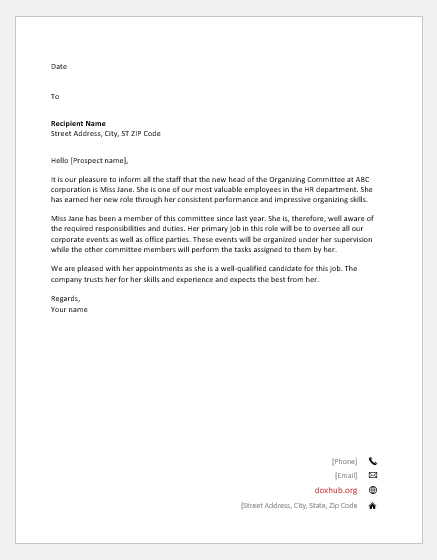 Letter to Announce an Employee for a Position