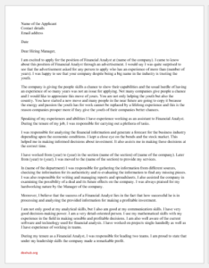 Cover letter for the position of Financial Analyst