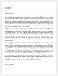 Cover letter for the position of housekeeper