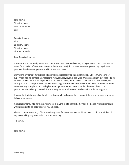 Resignation letter due to bad behavior of boss