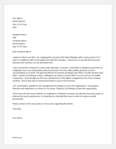 Resignation letter due to bad work environment