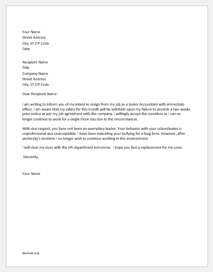 Resignation letter due to bullying boss