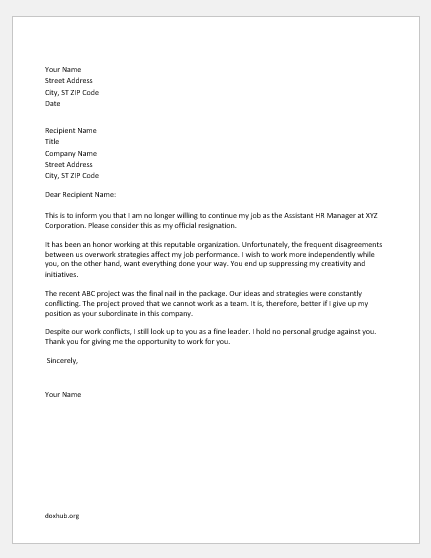 Resignation letter due to conflict with boss