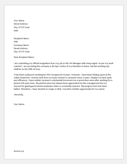 Resignation letter due to unfair treatment