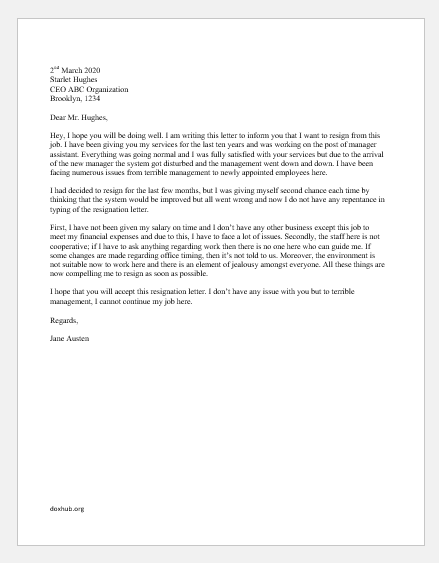 Resignation Letter for Terrible Management