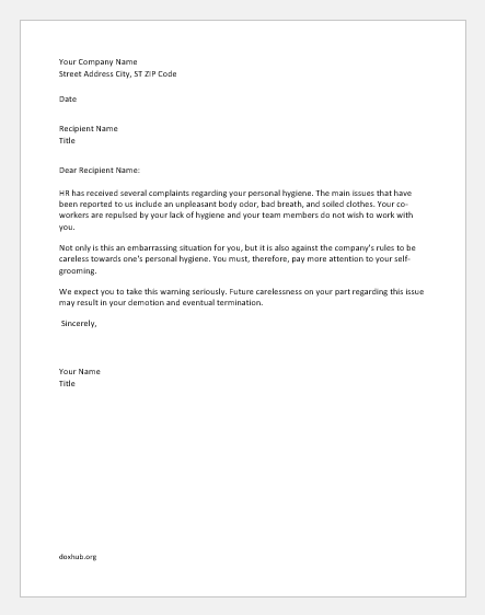 Warning letter for lack of hygiene