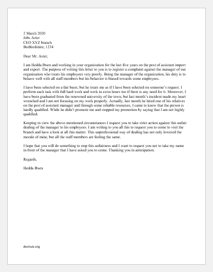 Sample Complaint Letter Against Supervisor from www.doxhub.org