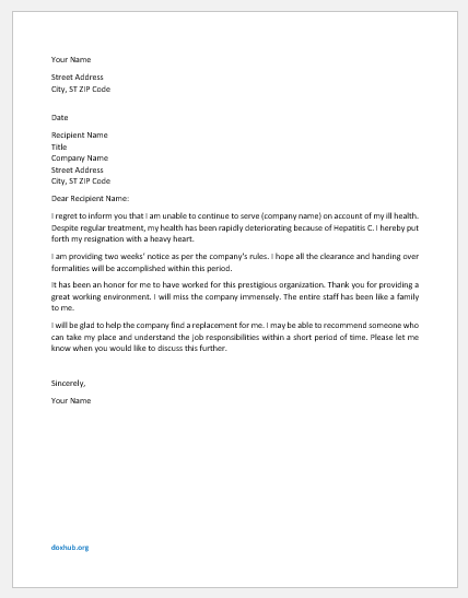 Resignation Letter Due To Illness/Medical Reasons from www.doxhub.org
