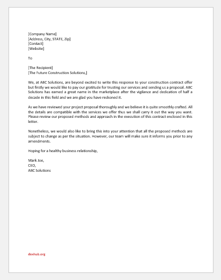 Construction Contract Acceptance Letter Template