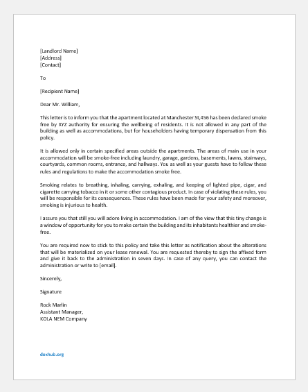 Letter to Tenant for No Smoking in the Accommodation