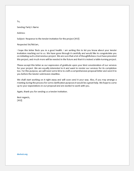 Reply to tender Invitation Letter