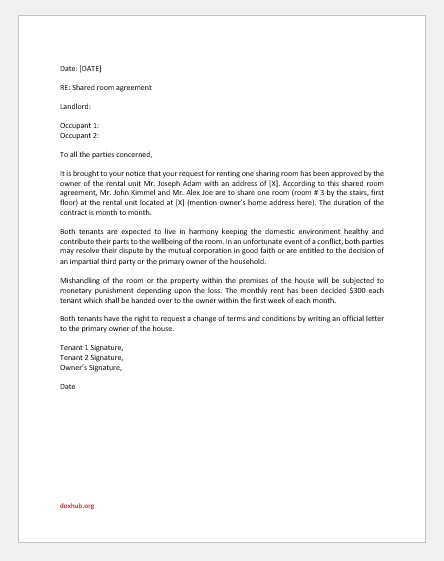 Shared Room Agreement Letter Template