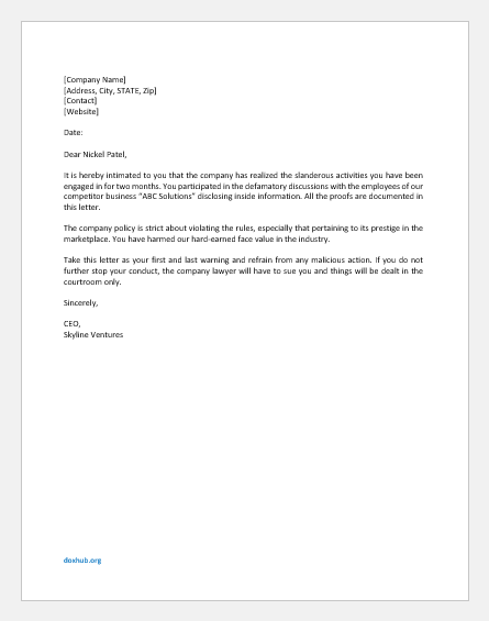 Warning Letter for Deliberately Damaging Company Reputation