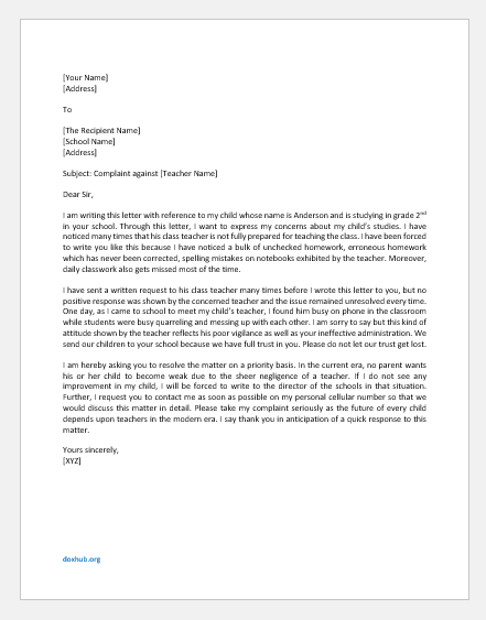 Complaint Letter against Teacher from Parent