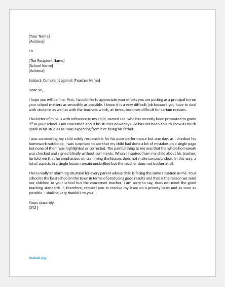 Complaint Letter against Teacher from Parent