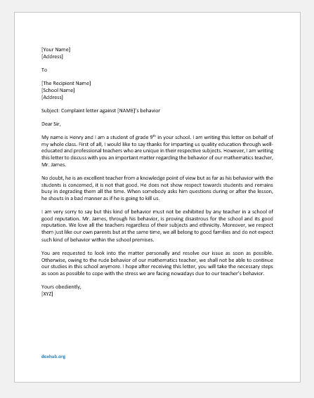 Complaint Letter against Teacher's Behavior