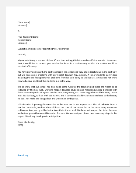 Complaint Letter against Teacher's Behavior | Document Hub