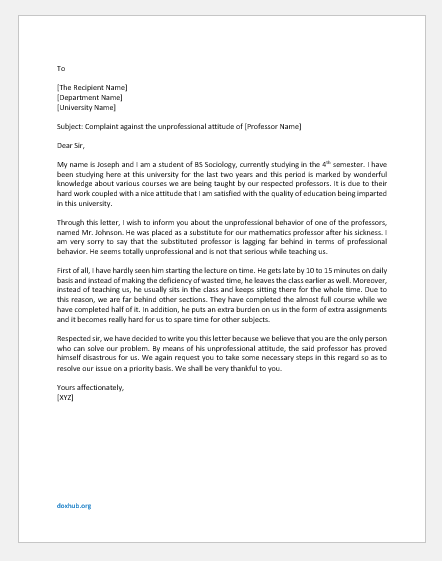 Complaint Letter against Unprofessional Behavior of Professor
