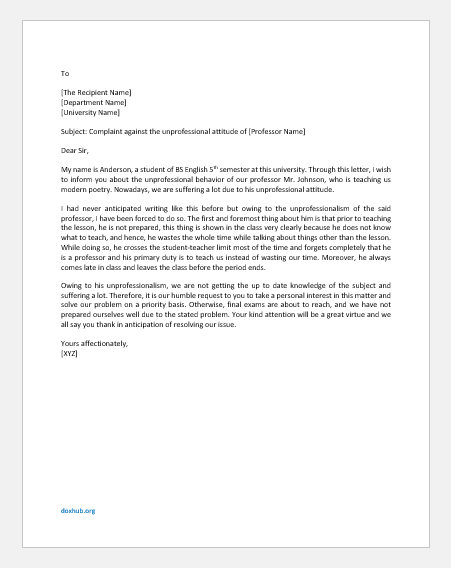 Complaint Letter against Unprofessional Behavior of Professor