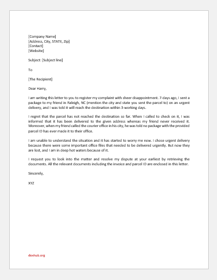 Complaint Letter to Courier Service for Lost Parcel
